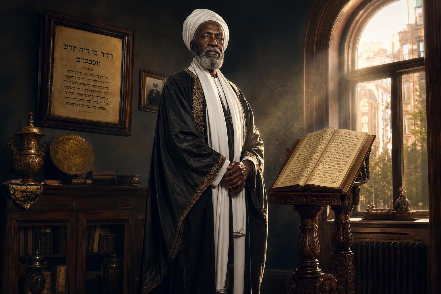 Abdullah, the Harlem mystic in his white turban, standing in his brownstone study