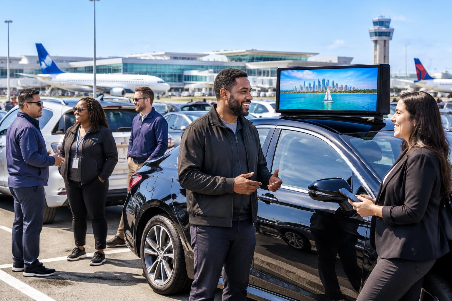 Professional rideshare drivers meeting beside a digital-topper vehicle at an airport holding lot