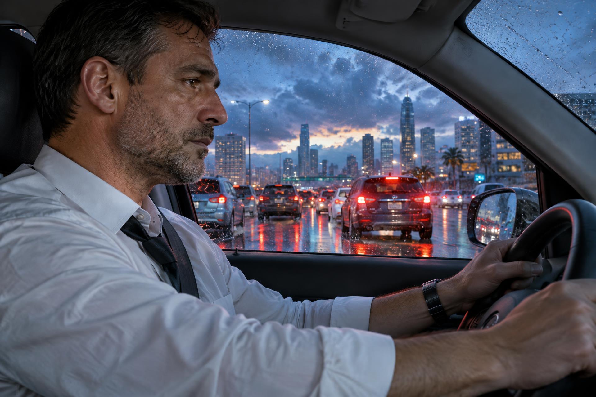An exhausted commuter gripping the wheel in pre-dawn traffic, a sea of red brake lights ahead