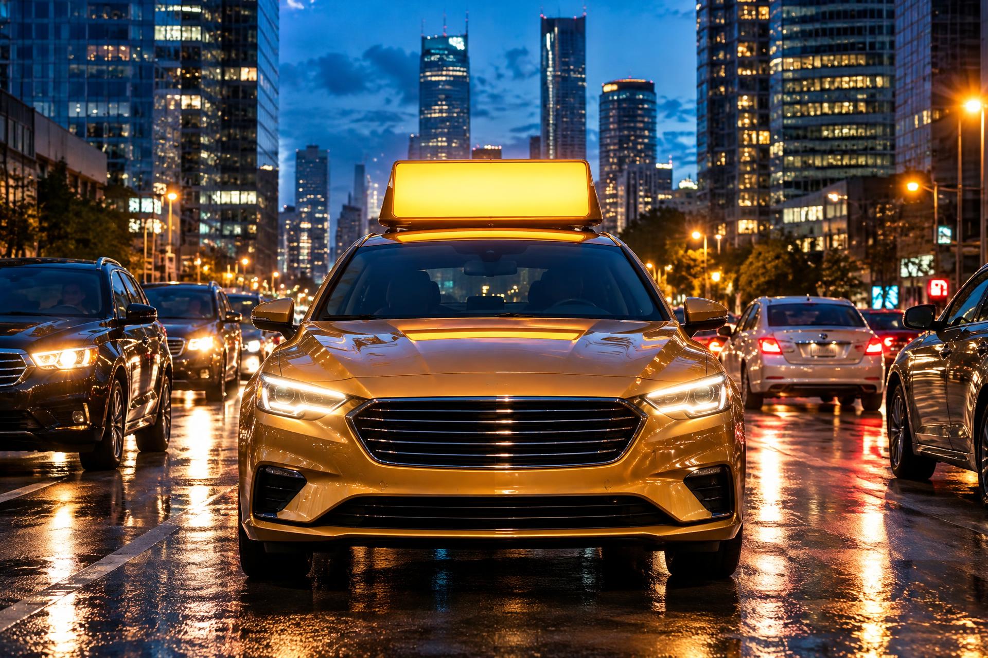 A sedan with a glowing gold LED advertising topper moving through wet evening rush-hour traffic
