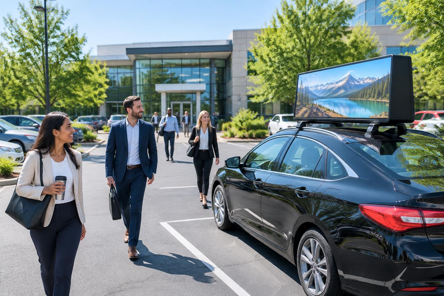 Professionals noticing a digital advertising topper in a workplace parking lot