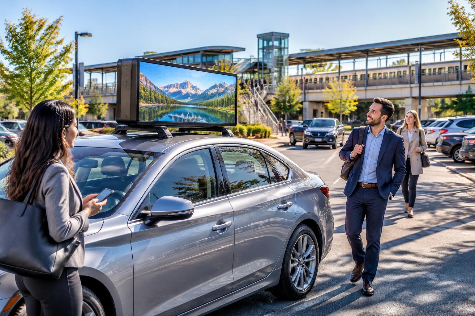Commuters seeing a digital-topper car at a sunny park-and-ride transit station