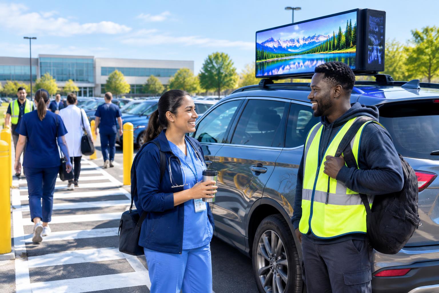 Hospital and warehouse shift workers beside a digital-topper vehicle in an employee parking area