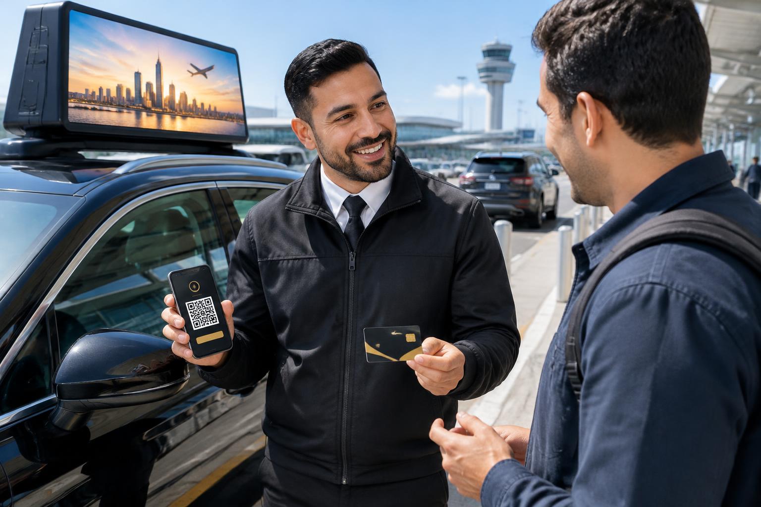 A driver handing over a QR drop card beside a rooftop digital display