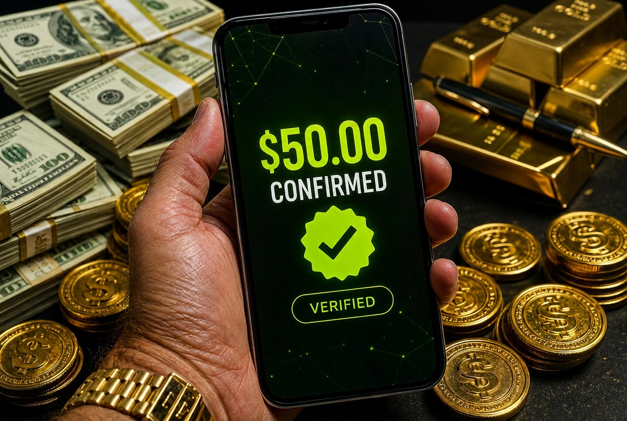 Hands holding a phone showing a confirmed payment beside cash and gold