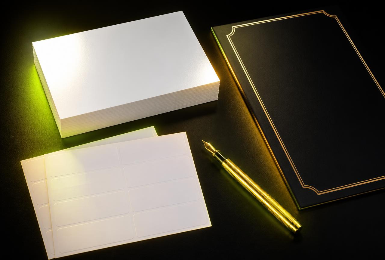 Postcards, peel-and-stick mailing labels, gold pen and welcome folder