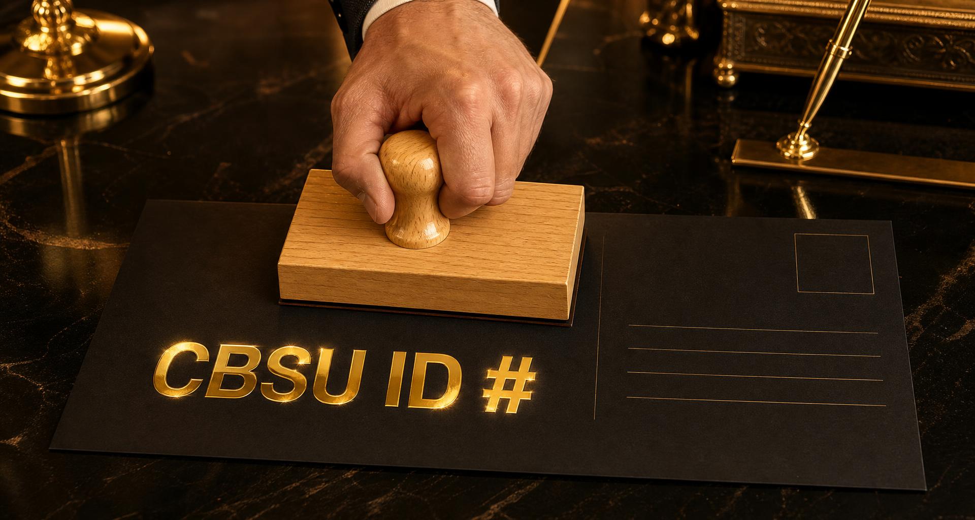 Hand pressing a rubber stamp reading CBSU ID # onto a postcard