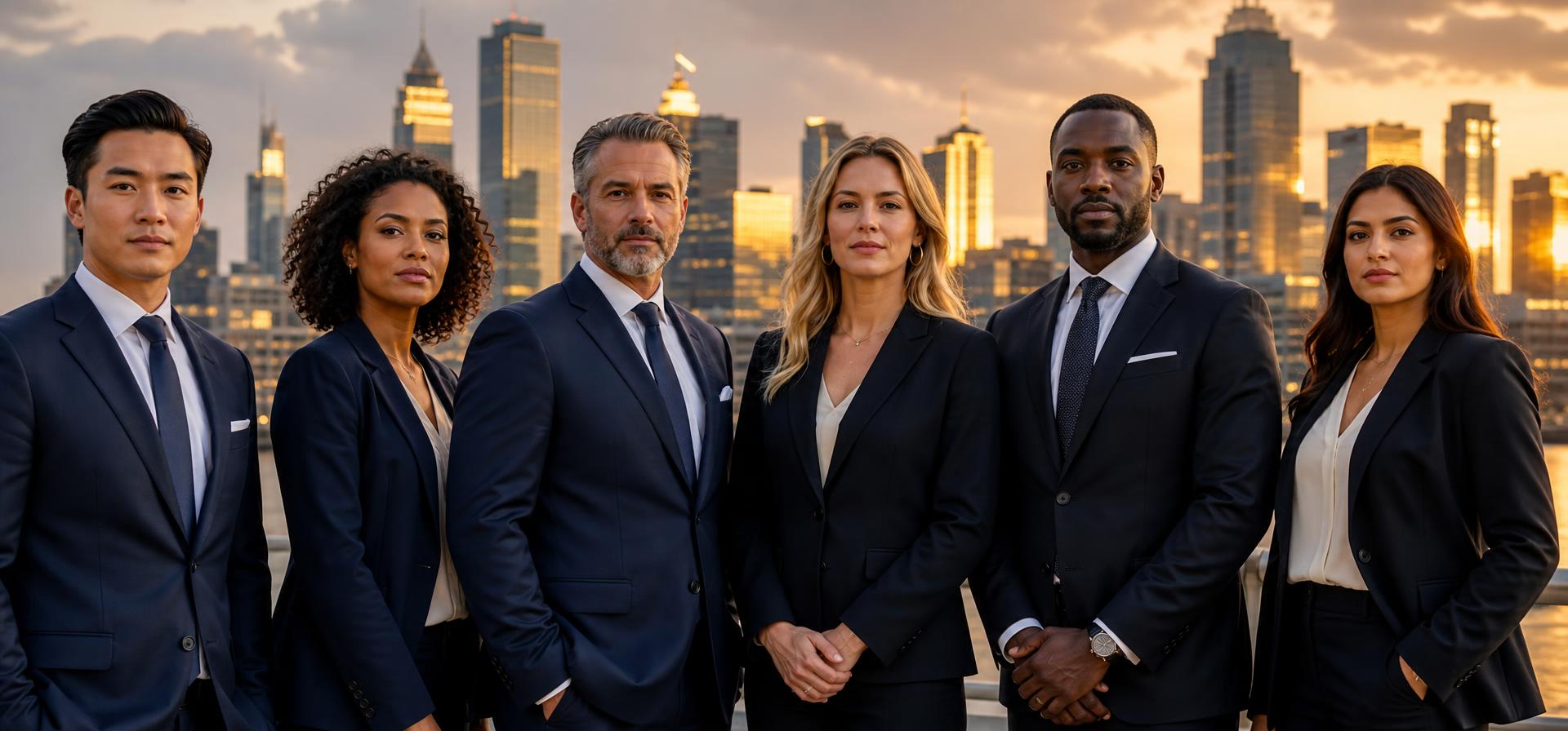 A team of entrepreneurs standing together against a golden skyline