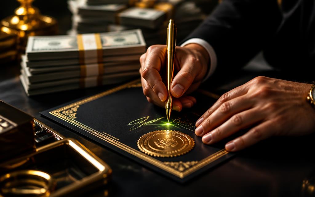 Hands signing a gold-embossed business funding approval beside stacks of cash
