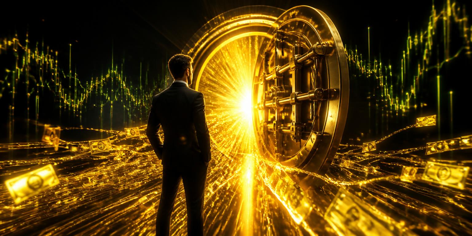 Entrepreneur standing before an opening golden vault as capital flows toward him
