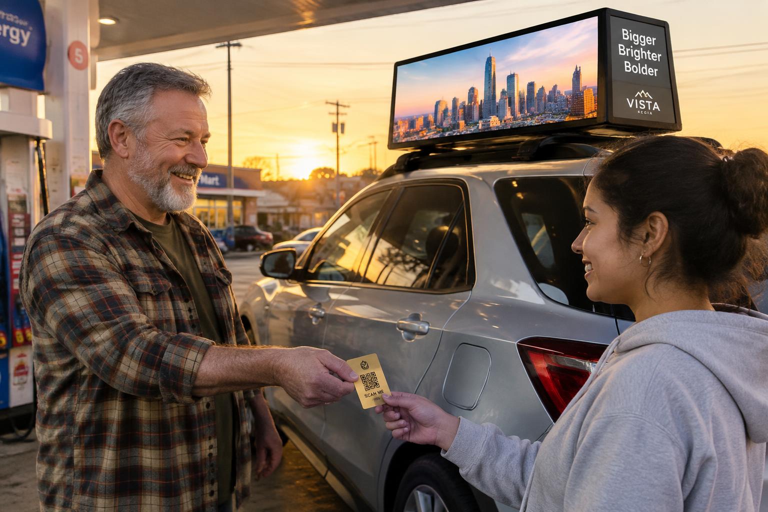 Driver presenting a Best Money Card QR card