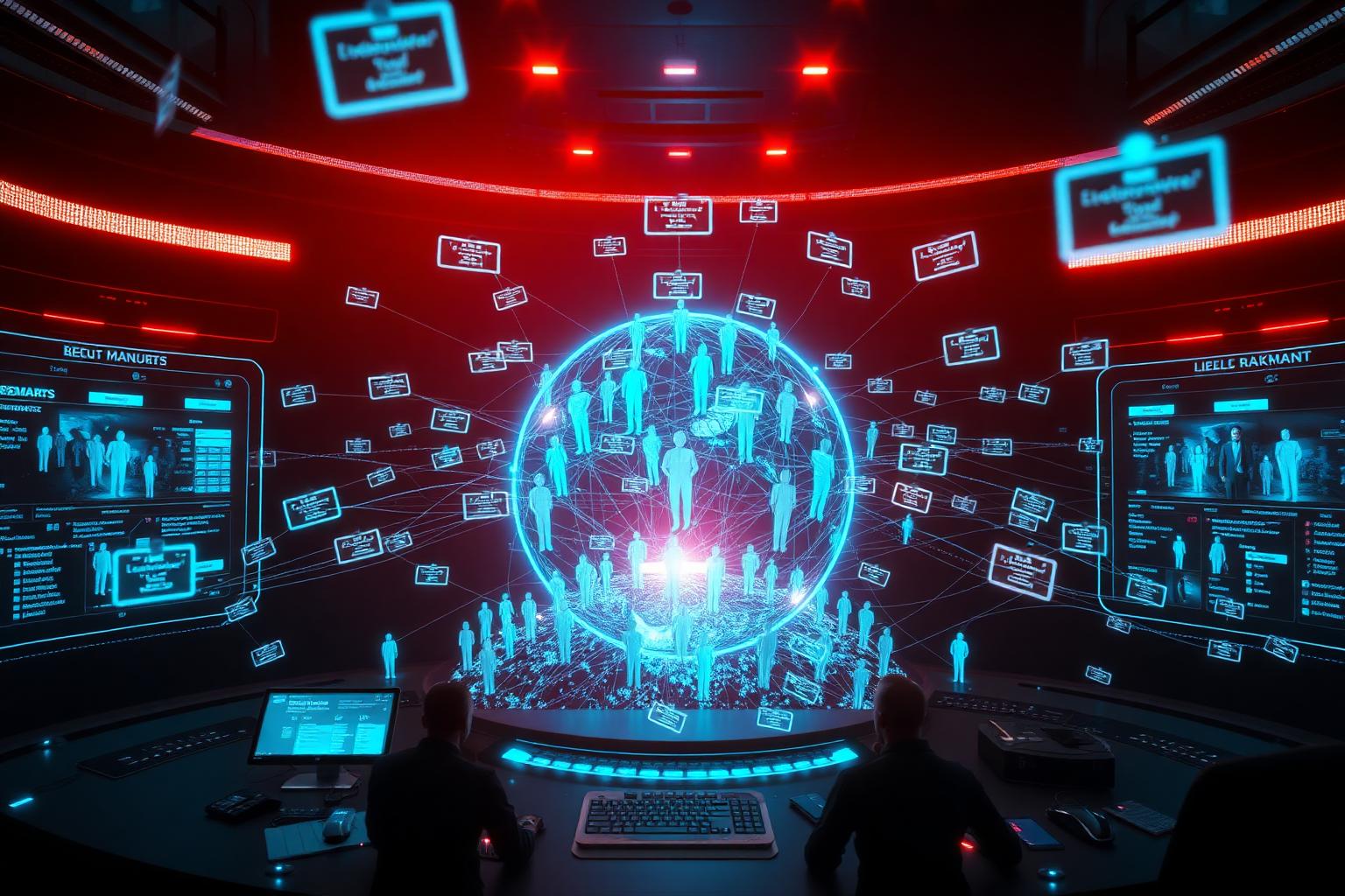 Futuristic command center with a glowing global recruitment network — MLM Recruit On Demand