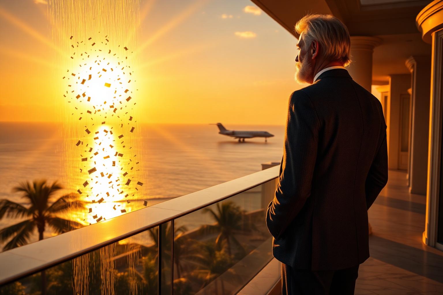 Silver-haired executive overlooking a sunset horizon with a golden waterfall of cash — Multiple Income Funnel