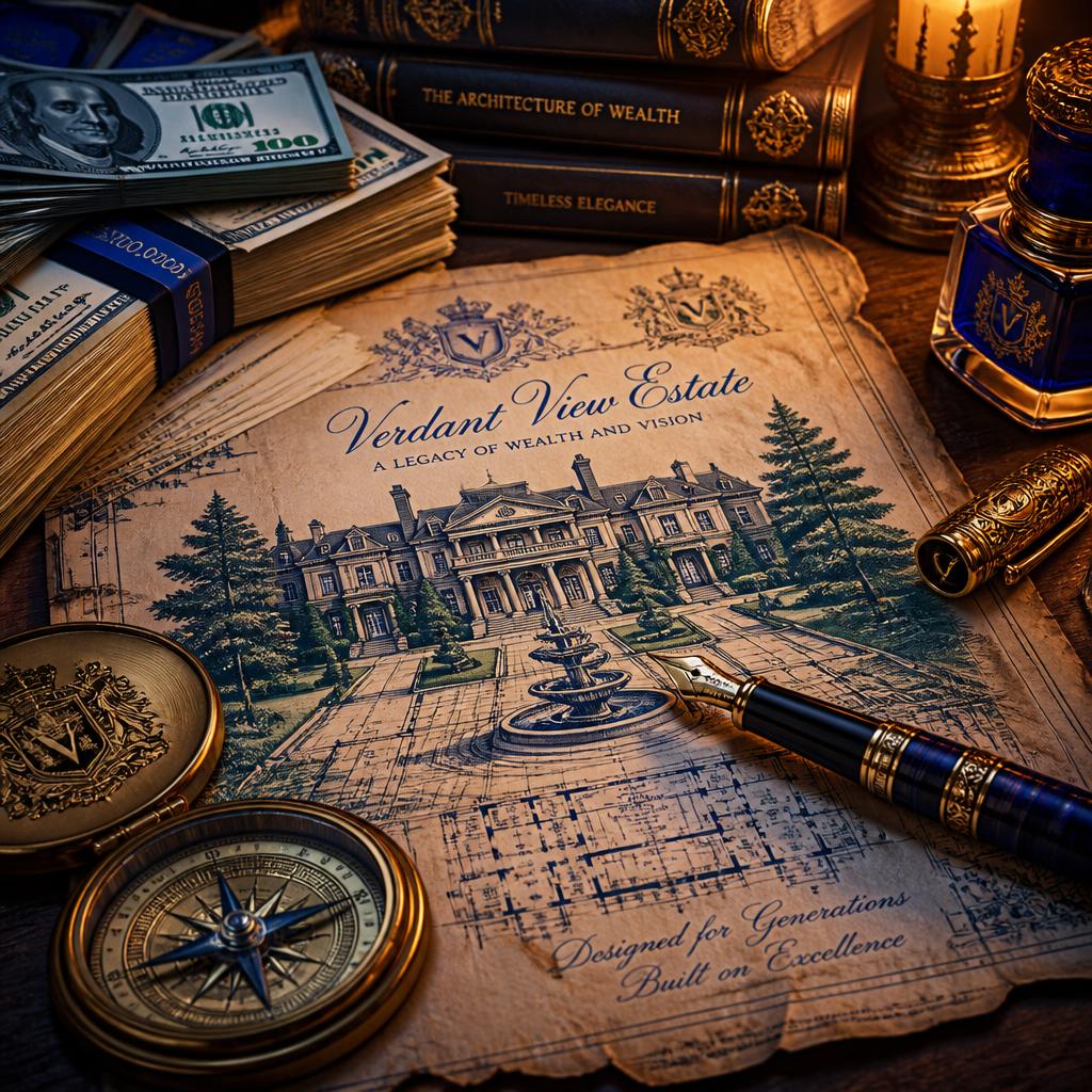 Scholar's pen drafting an estate blueprint beside stacks of cash