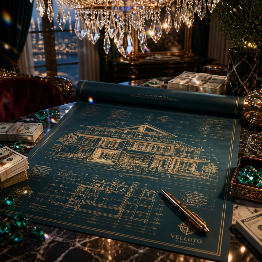 Mansion blueprint on marble with cash and emeralds under a crystal chandelier
