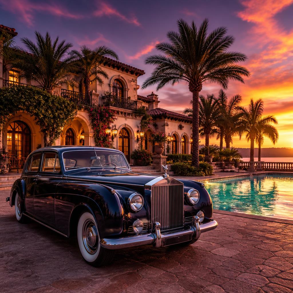 Classic Rolls Royce parked at a Mediterranean mansion at sunset
