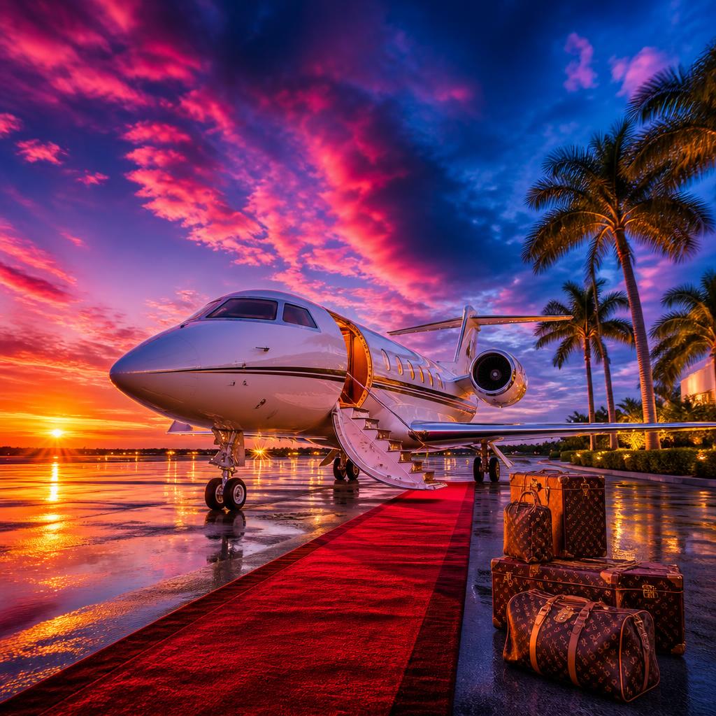 Private jet on a runway with red carpet and luxury luggage at magenta sunset
