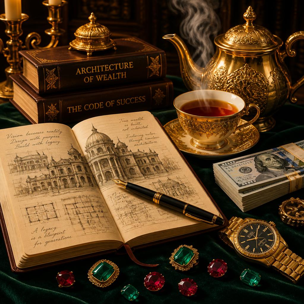 Leather journal with architectural sketches, gold watch, gems, cash, and a golden teapot with a tapered teacup steaming