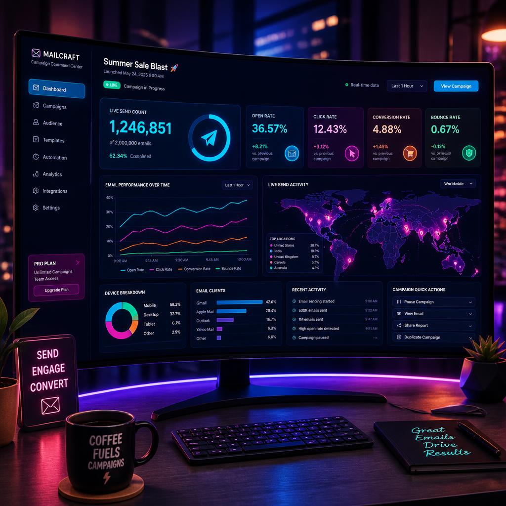 Vivid email campaign command dashboard with live analytics