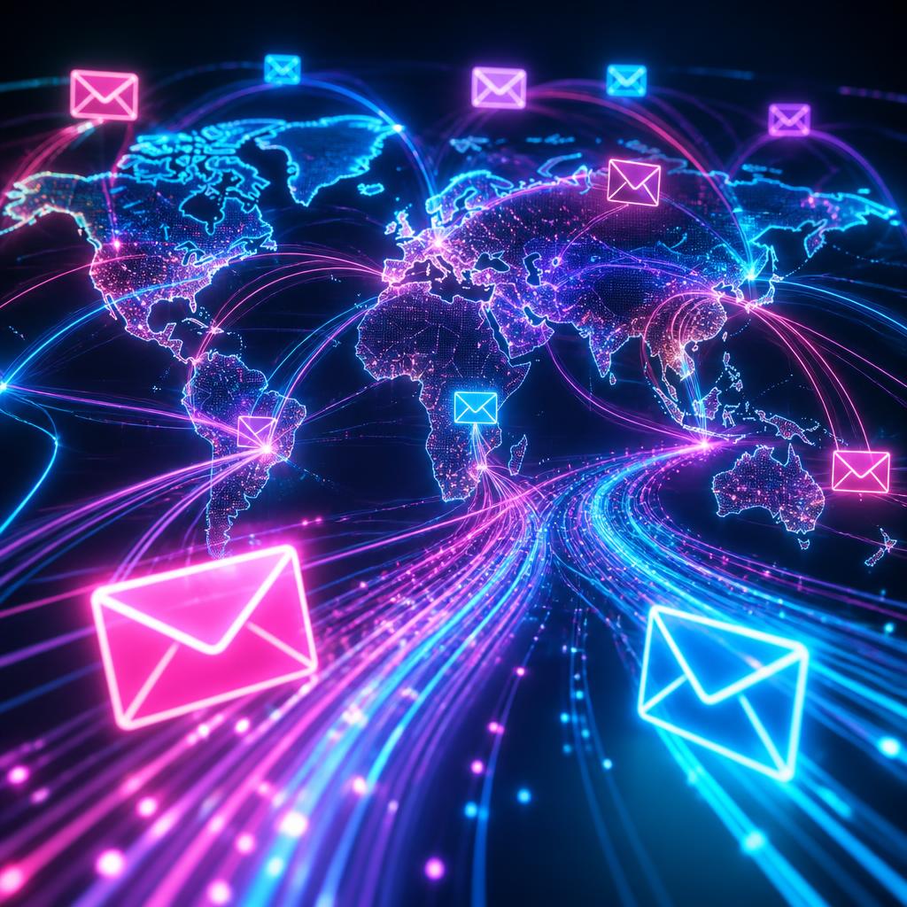 Neon email envelopes streaming across a glowing world map