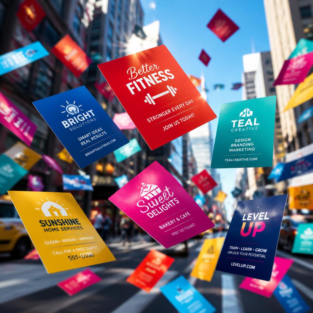Colorful drop cards flying through a bright city street