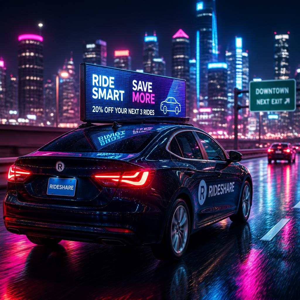 Rideshare car with glowing digital topper on a neon night highway