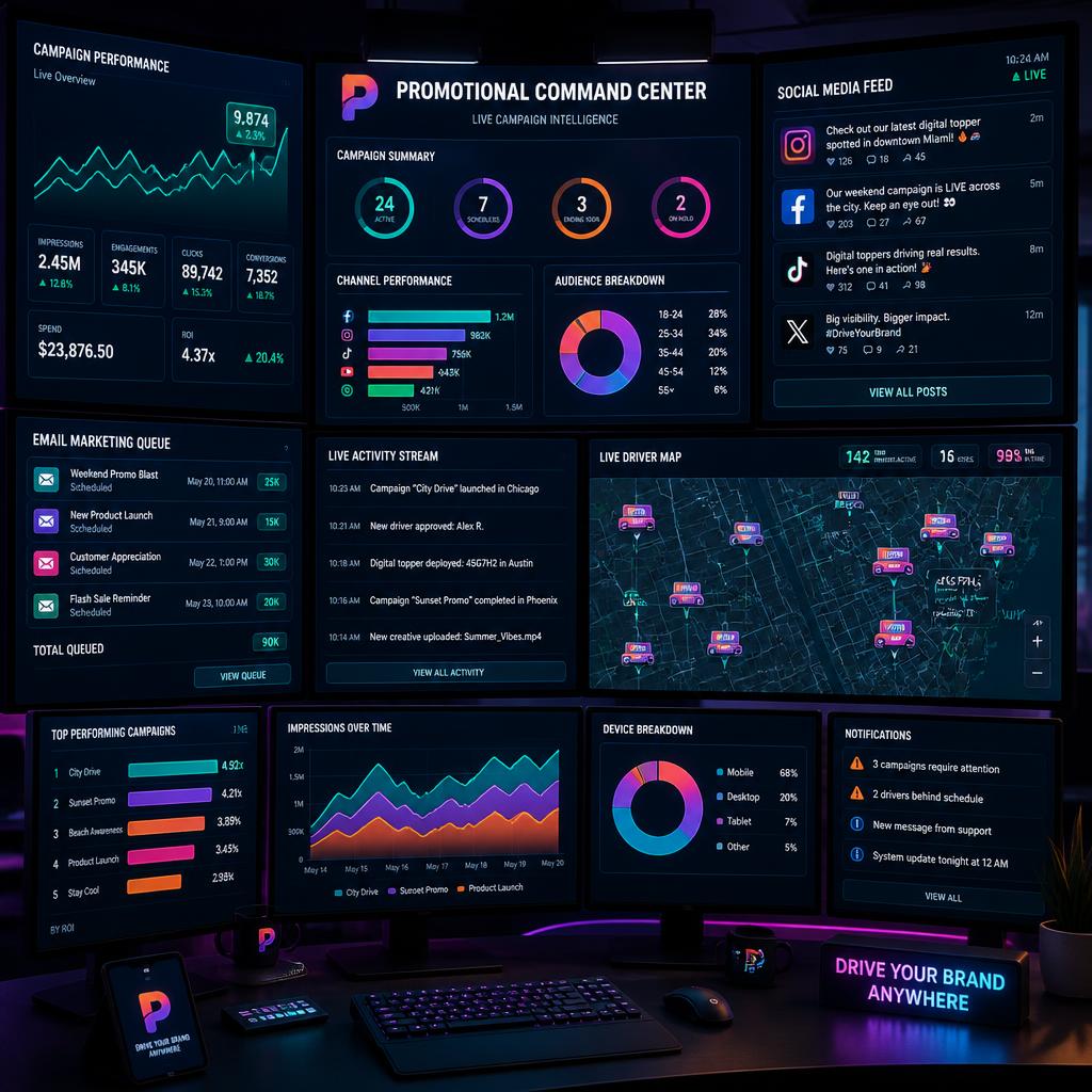 Multi-monitor promotional command center with campaigns and live driver map