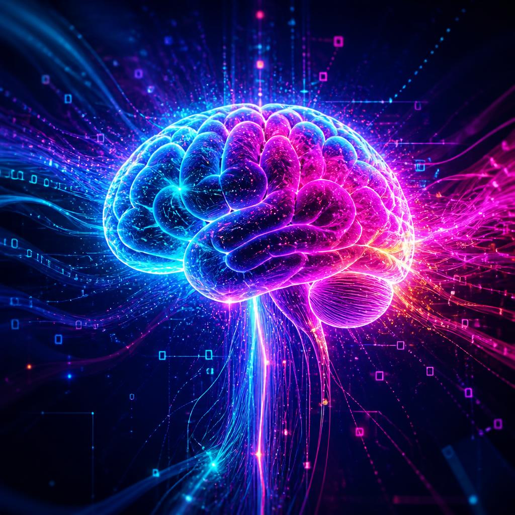 Vibrant neon brain wired with cyan and magenta data streams