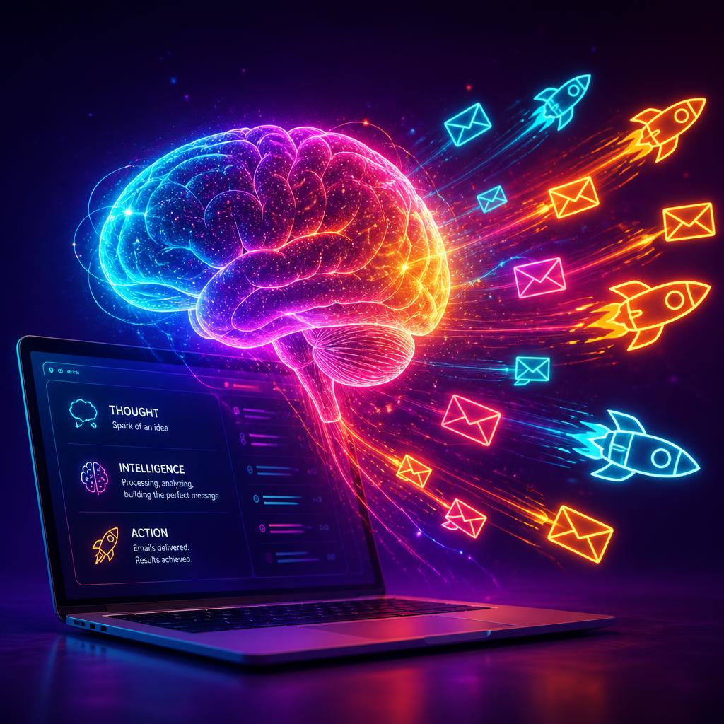 Holographic brain over laptop launching email envelopes and rockets