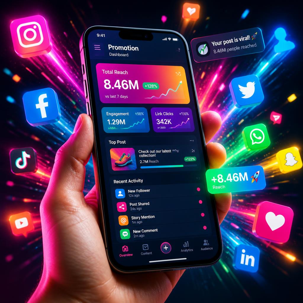 Smartphone social promotion dashboard bursting with colorful icons