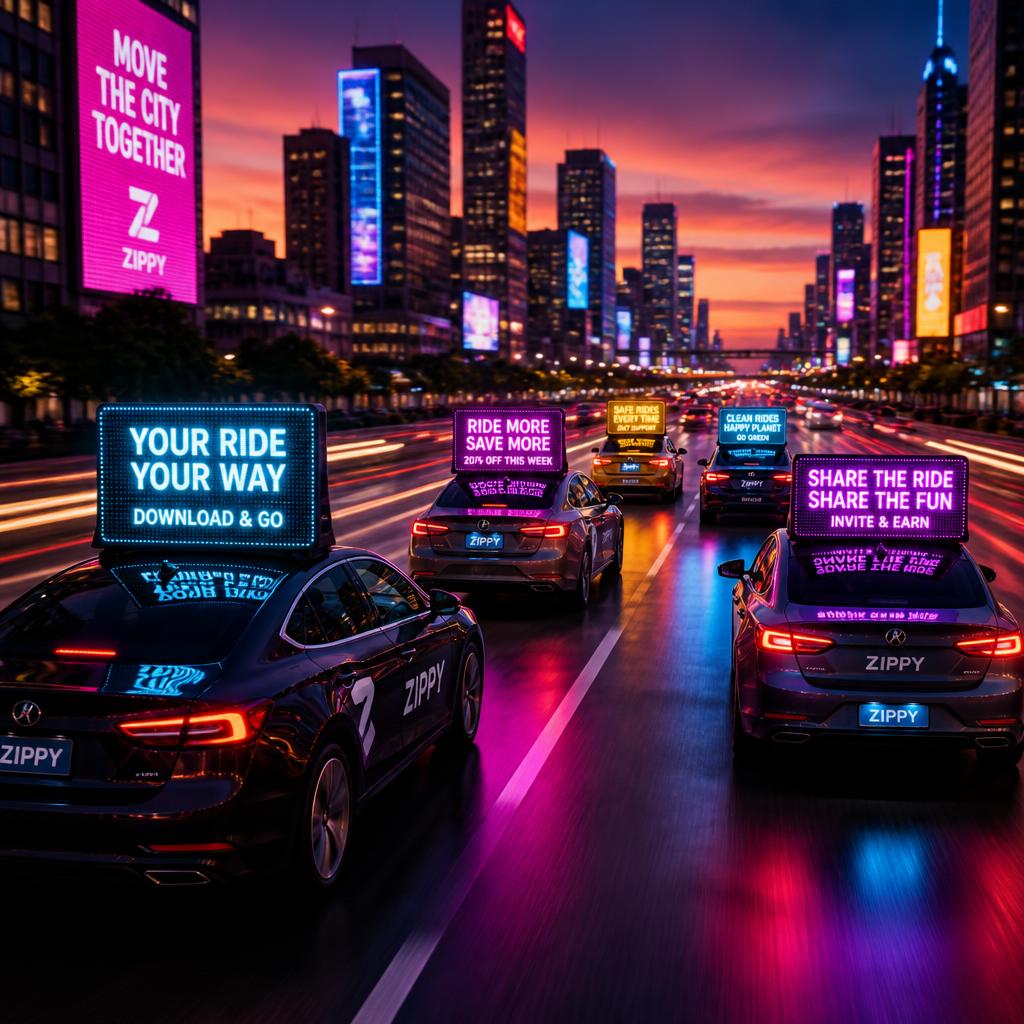Fleet of rideshare cars with colorful LED toppers in a neon city