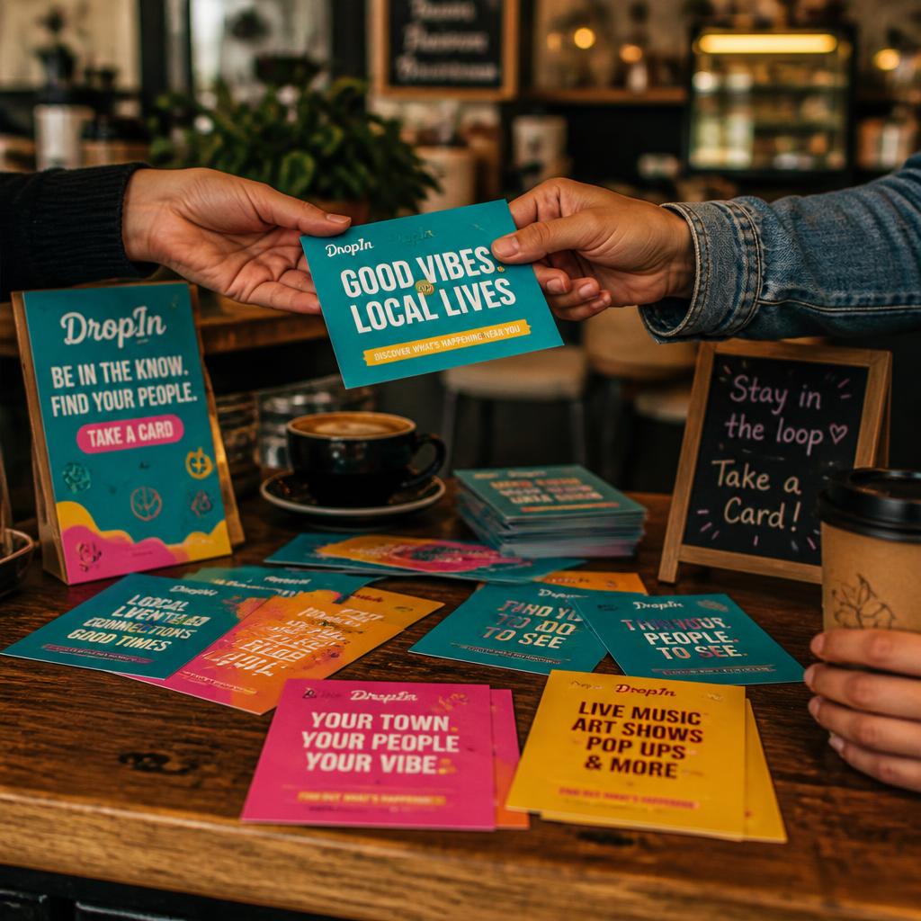 Colorful drop cards being handed out and displayed in a cafe