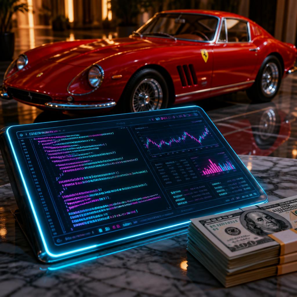 Holographic code tablet with cash stack beside a red classic Ferrari