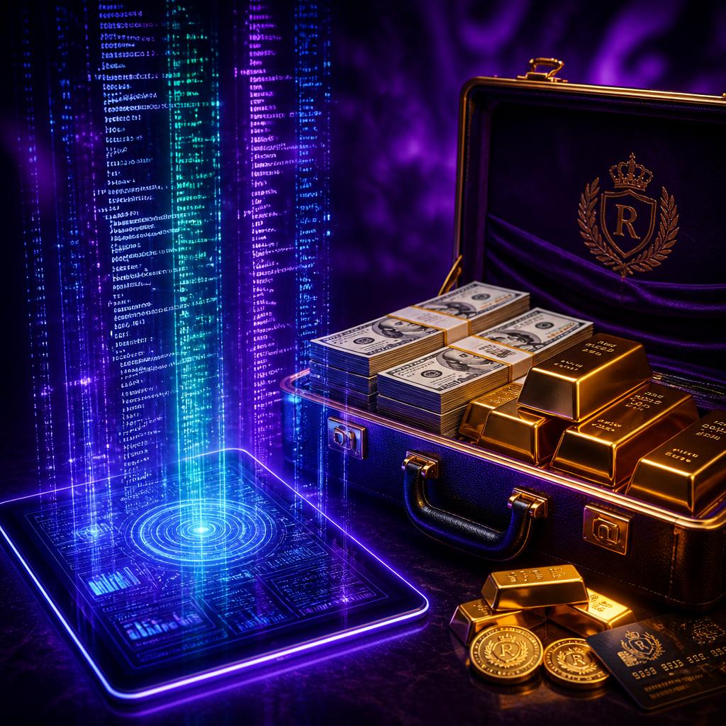 Neon code streams over a briefcase of cash and gold bars