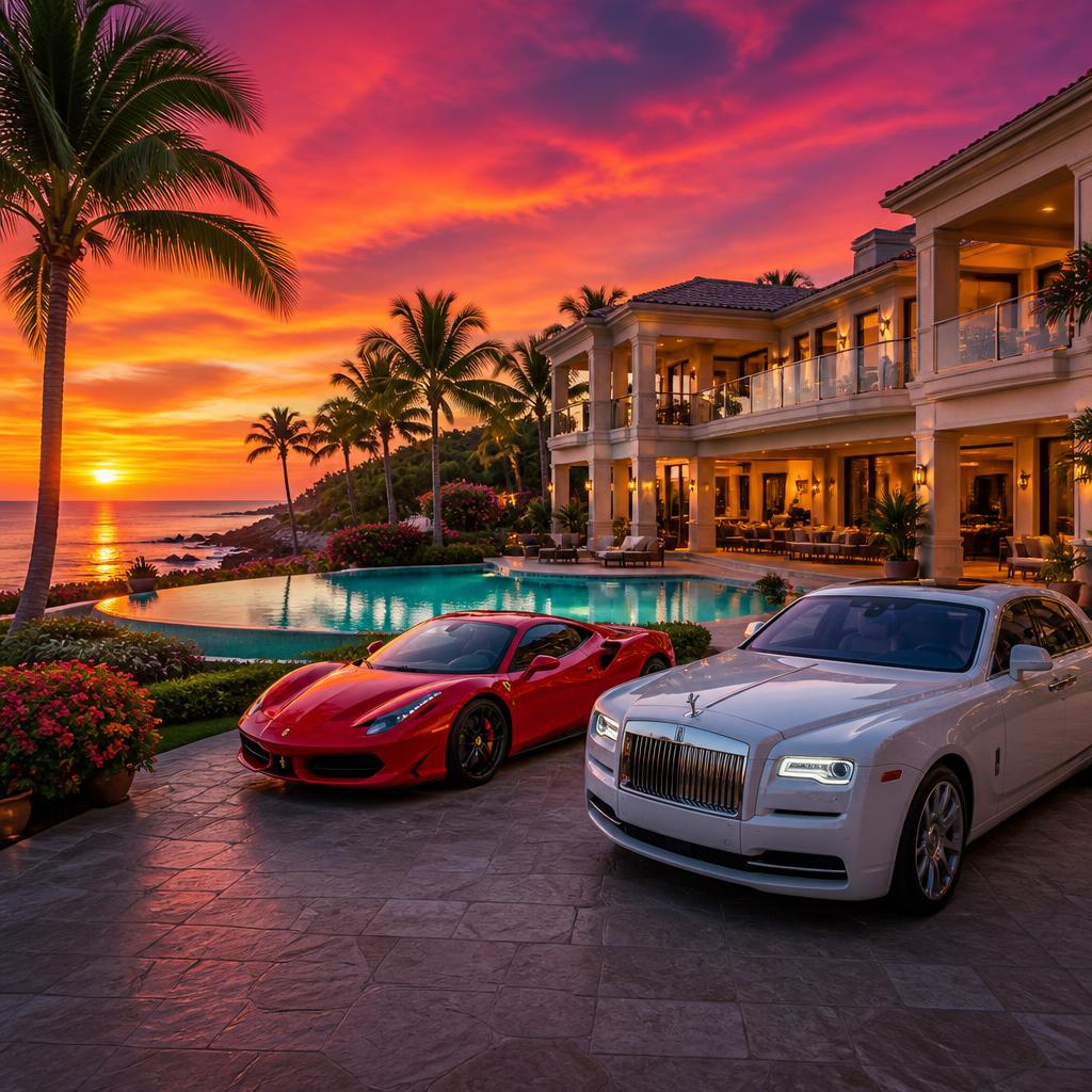 Oceanfront mansion at sunset with a red Ferrari and white Rolls Royce
