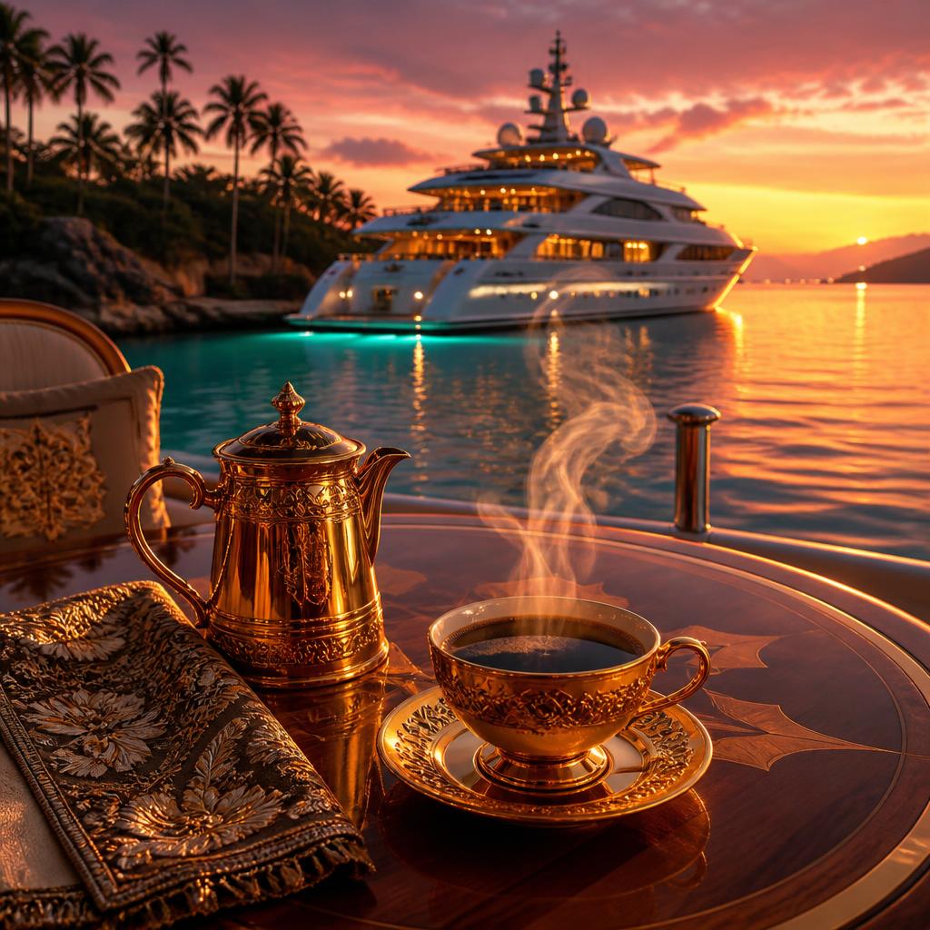 Luxury yacht at Mediterranean sunset with a golden coffee cup and steam rising on deck