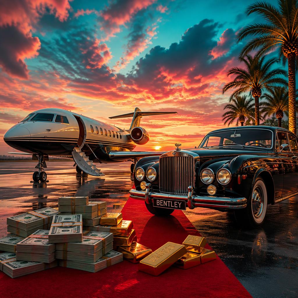 Private jet and Bentley on runway with stacks of cash and gold bars