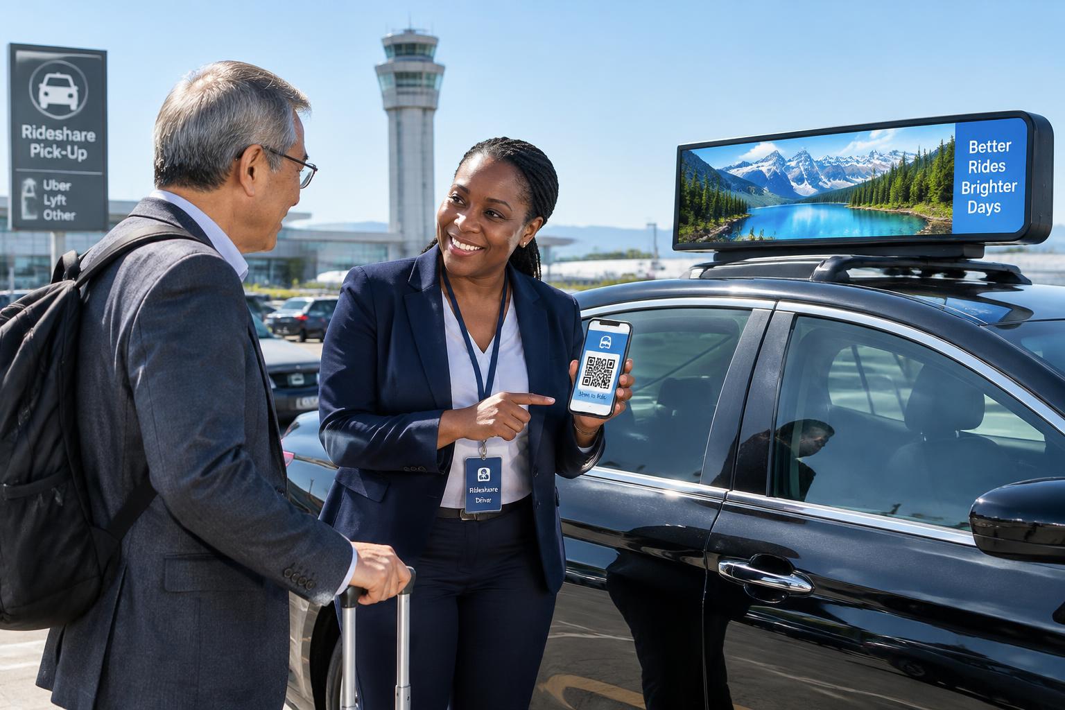 Driver showing a QR code and drop card beside a digital-topper vehicle