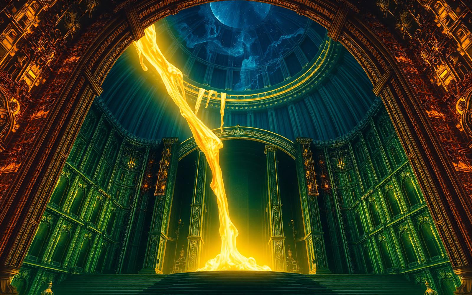 Molten gold pouring into a cosmic wealth cathedral