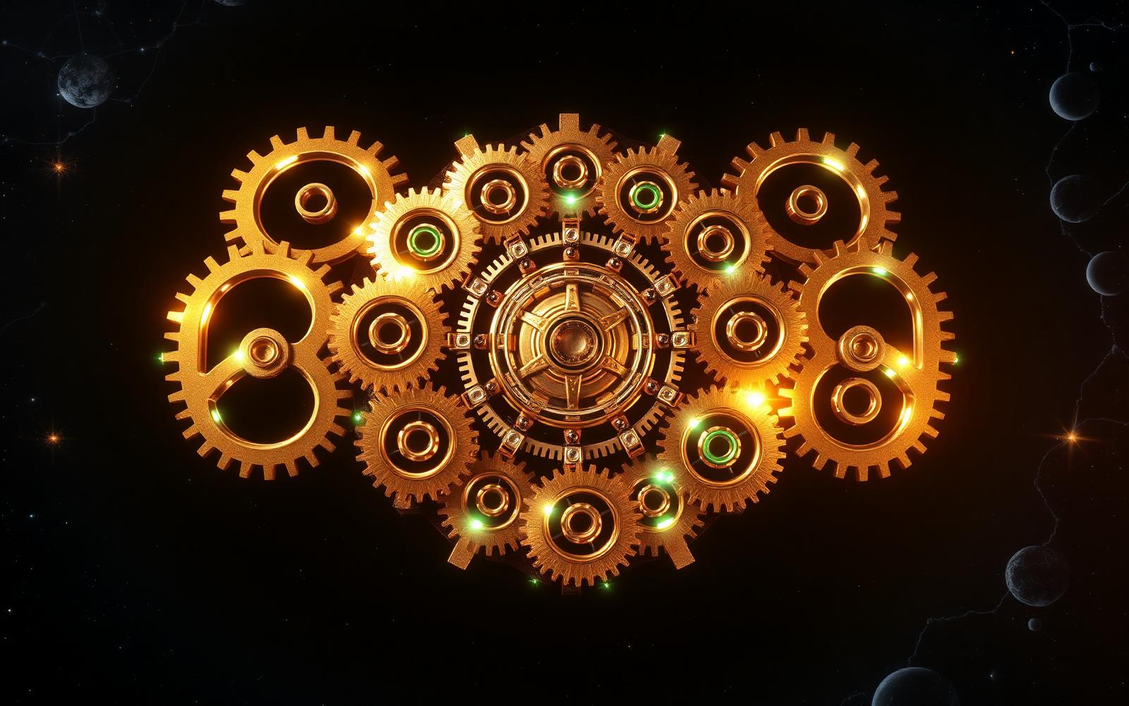 17 interlocking golden gears forming a mandala