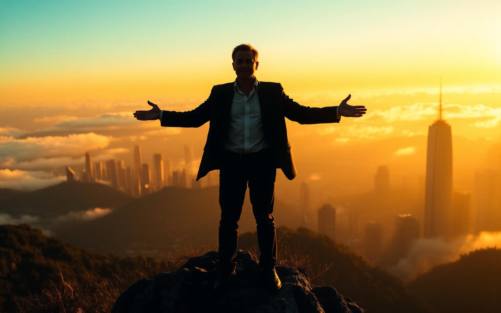Entrepreneur on mountain peak at golden hour