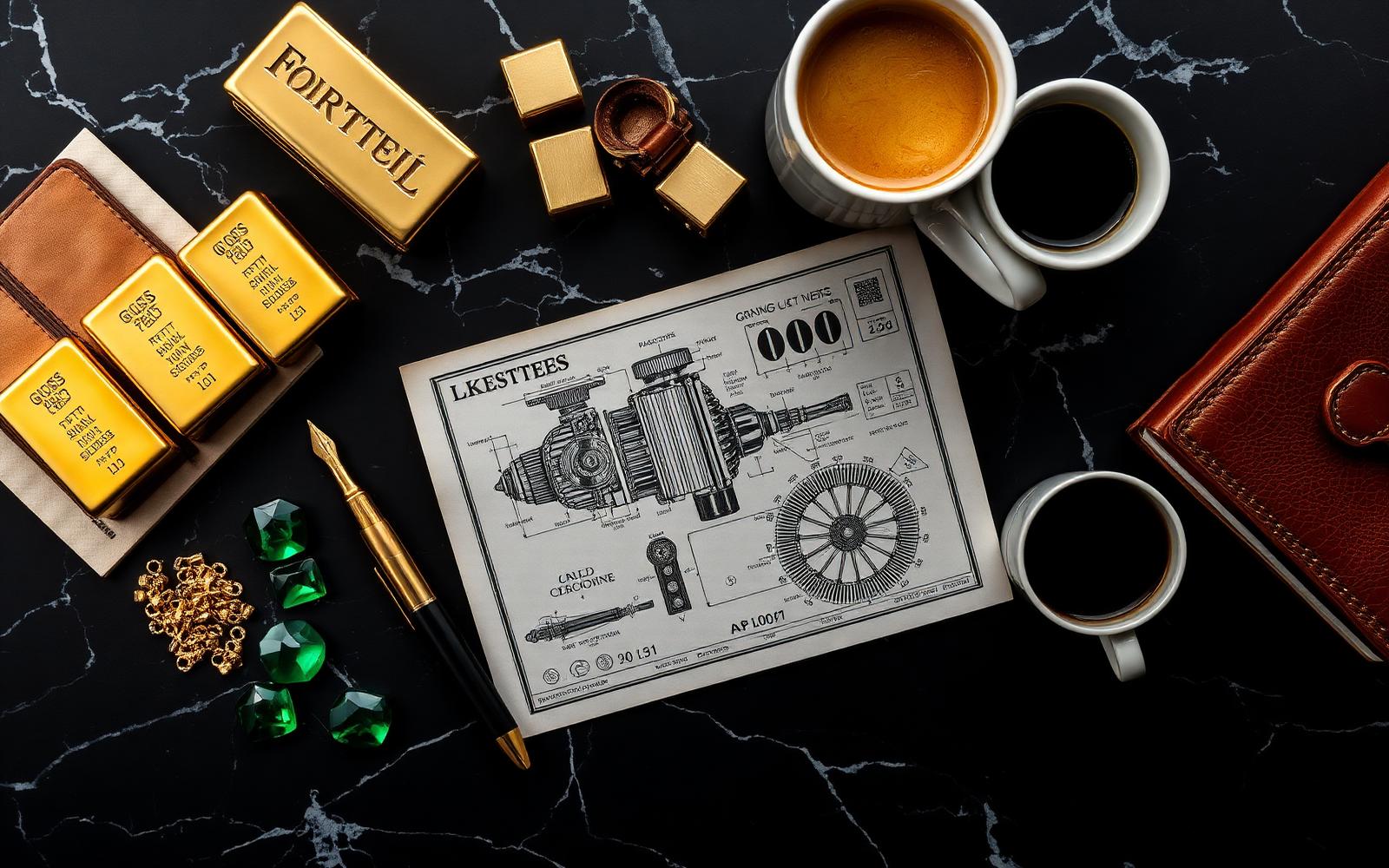 Luxury wealth artifacts on black marble