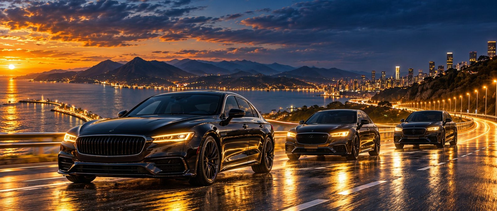 Three cars driving a wet coastal road at sunset