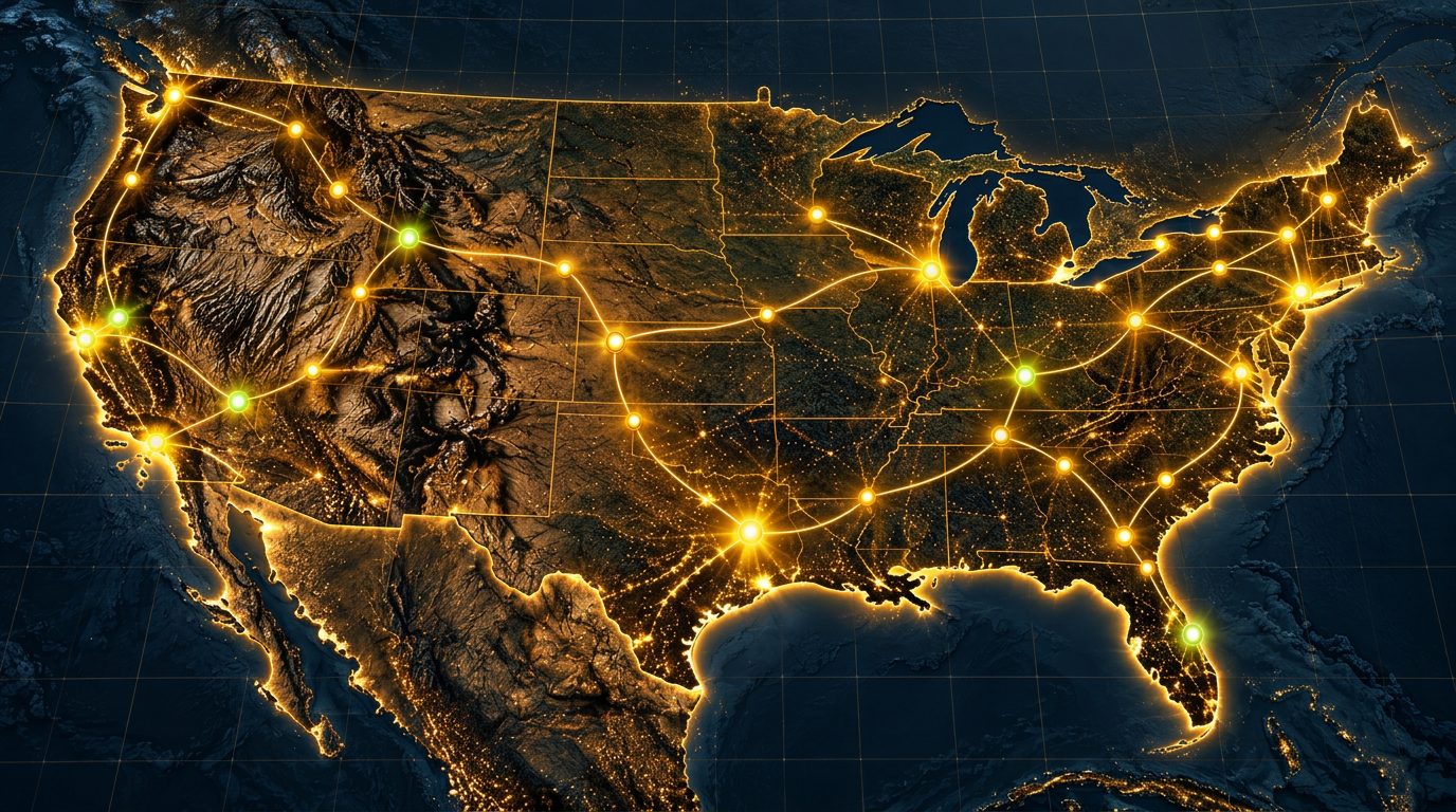 Map of the United States covered in glowing connected nodes