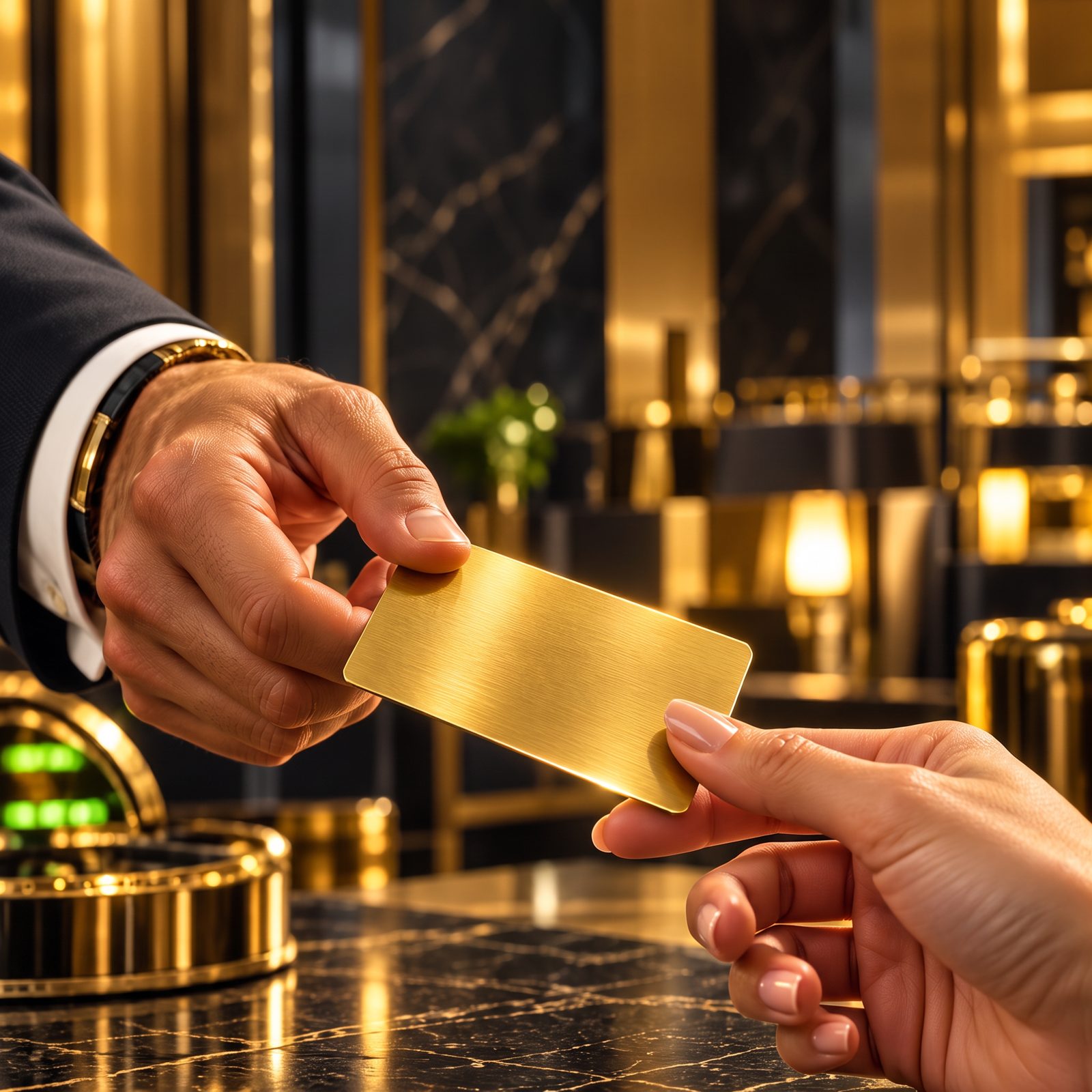 Gold card passed from one hand to another