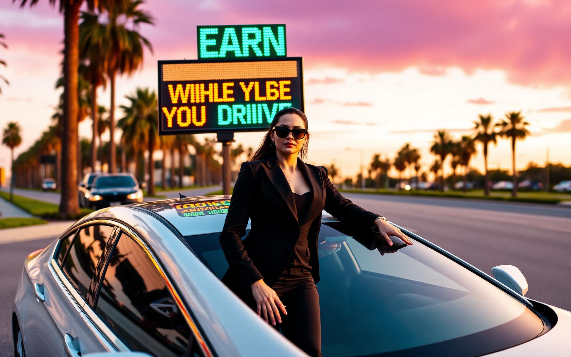Elegant female chauffeur beside luxury sedan at sunset, glowing digital topper on rooftop