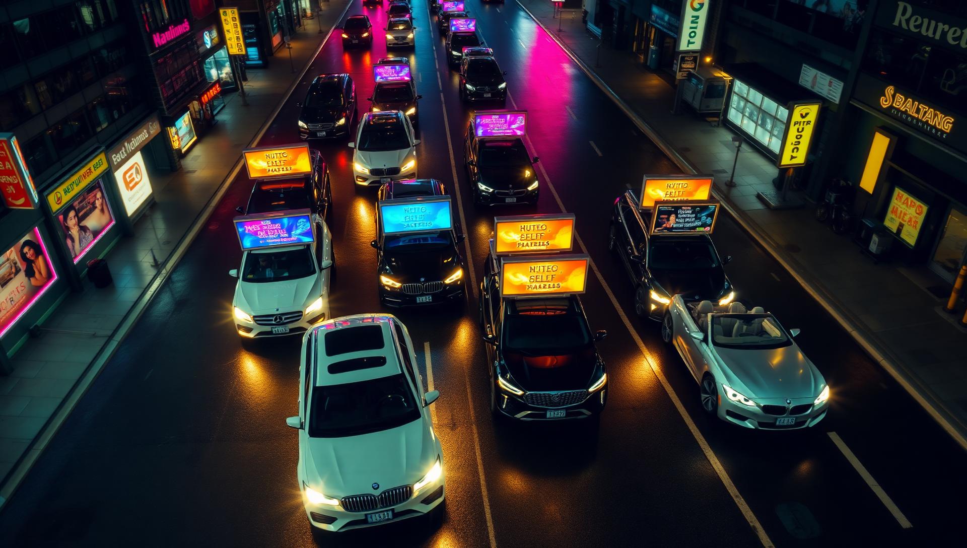Aerial view of a fleet of luxury vehicles with colorful glowing digital rooftop toppers driving through a neon city