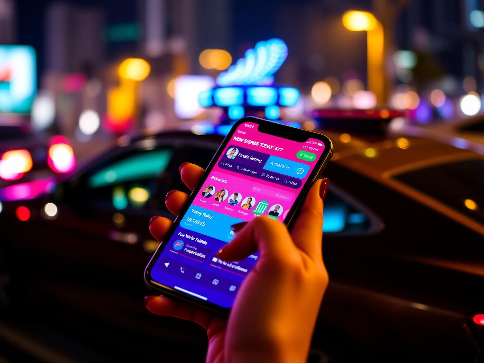 Woman's hand holding phone showing new signees dashboard with rising revenue chart, luxury car with LED topper in background