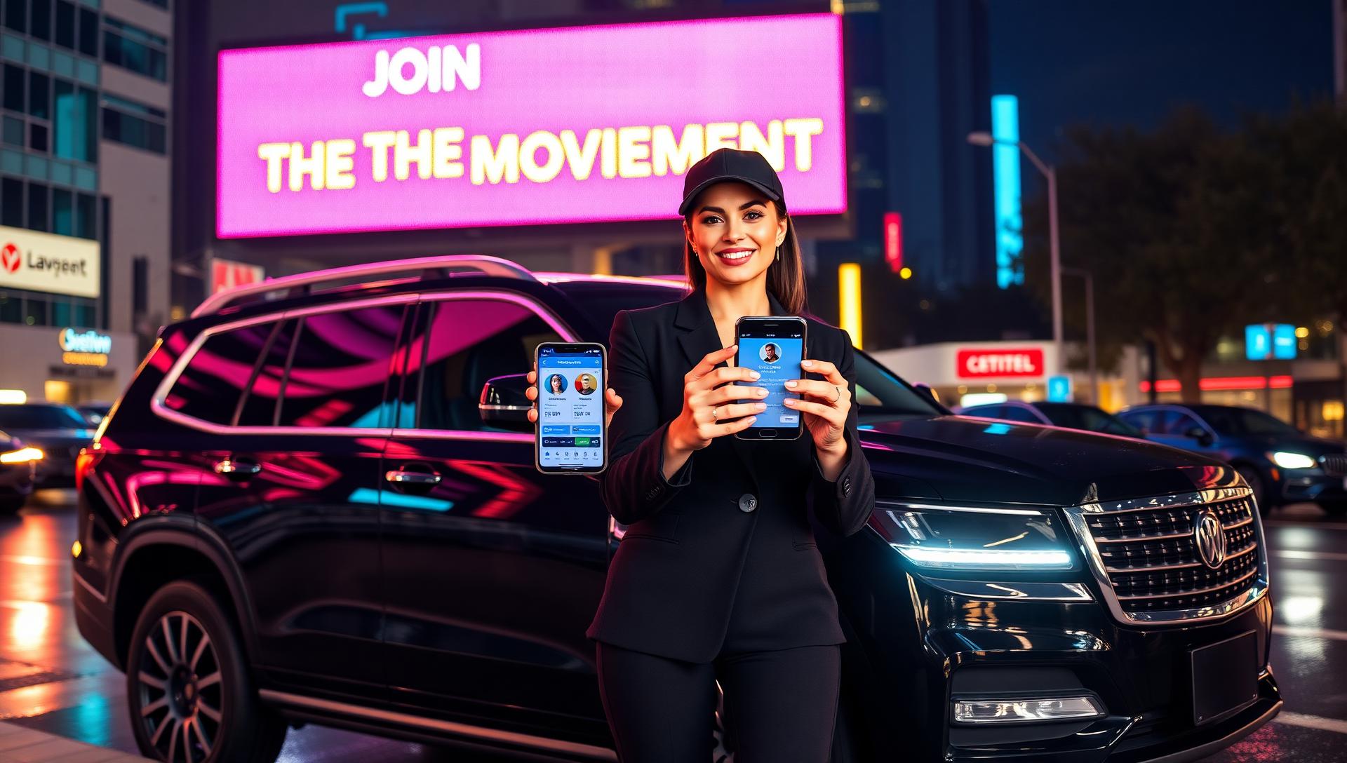 Confident woman chauffeur beside black SUV at night holding phone showing new signees, glowing digital topper billboard above