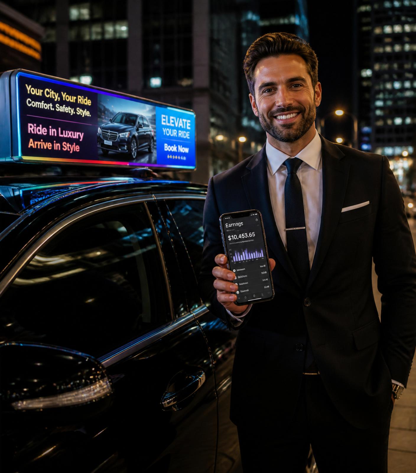 Professional driver next to car with glowing Untsmart digital topper